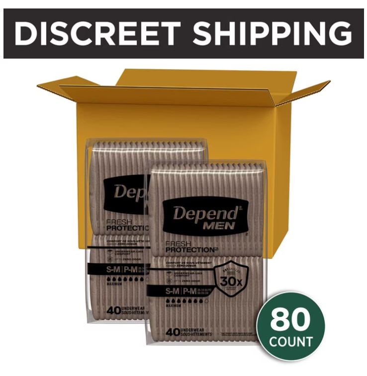 Depend Fresh Protection Incontinence Underwear for Men, Adult, S/M, 80 Count