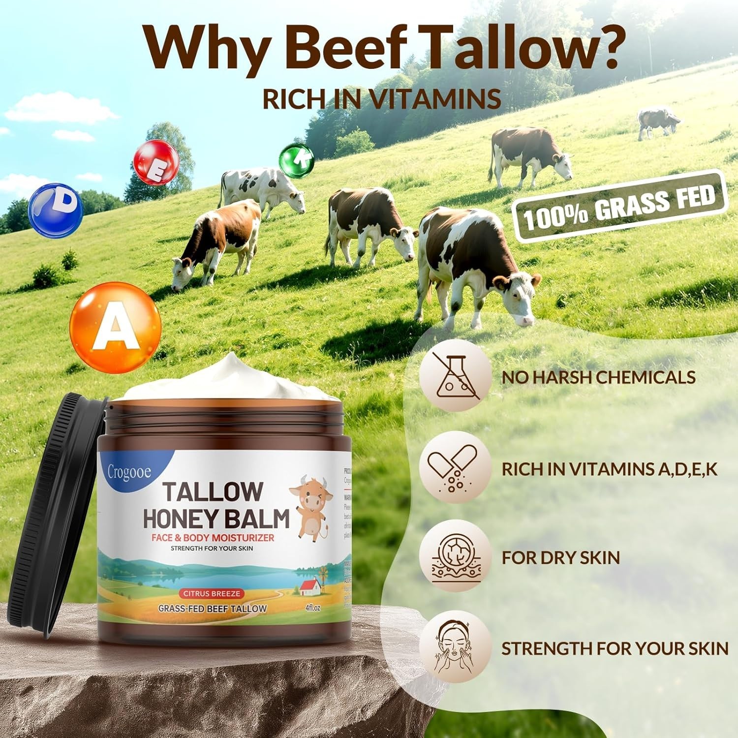 Whipped Beef Tallow Balm Grass Fed Honey Moisturizer Face Body 2oz