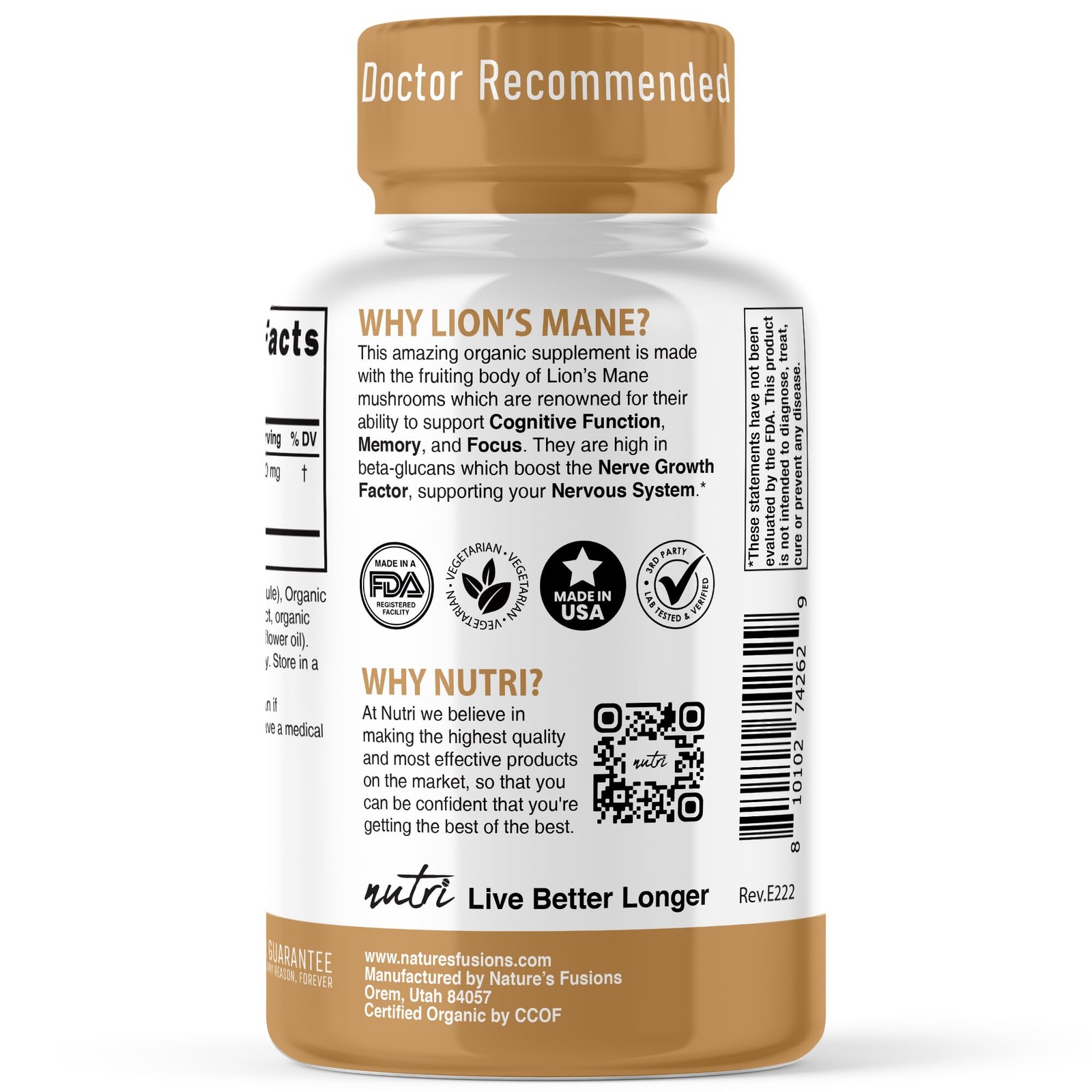 Nutri Organic Lions Mane Supplement Capsules – 1900 mg, 10:1 Dual…