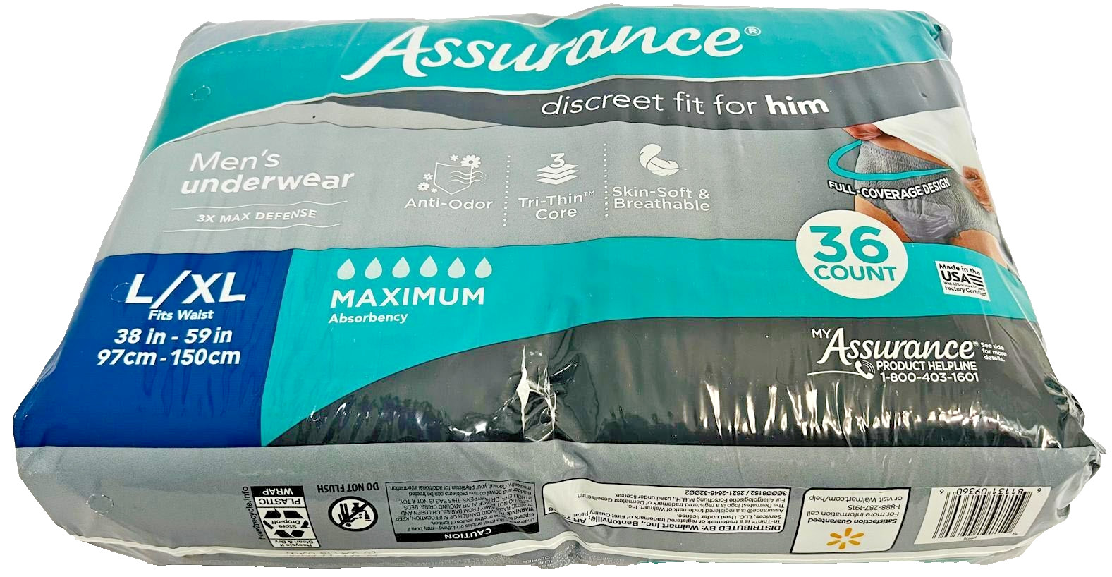 Assurance Men’s Incontinence Underwear L/XL Maximum Absorbency 36 Count