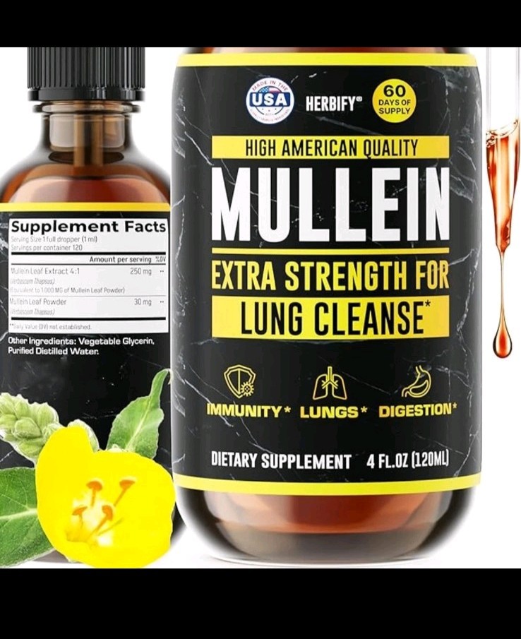 HERBIFY Mullein Leaf Extract Liquid Drops 4oz Respiratory & Lung Detox Cleanse