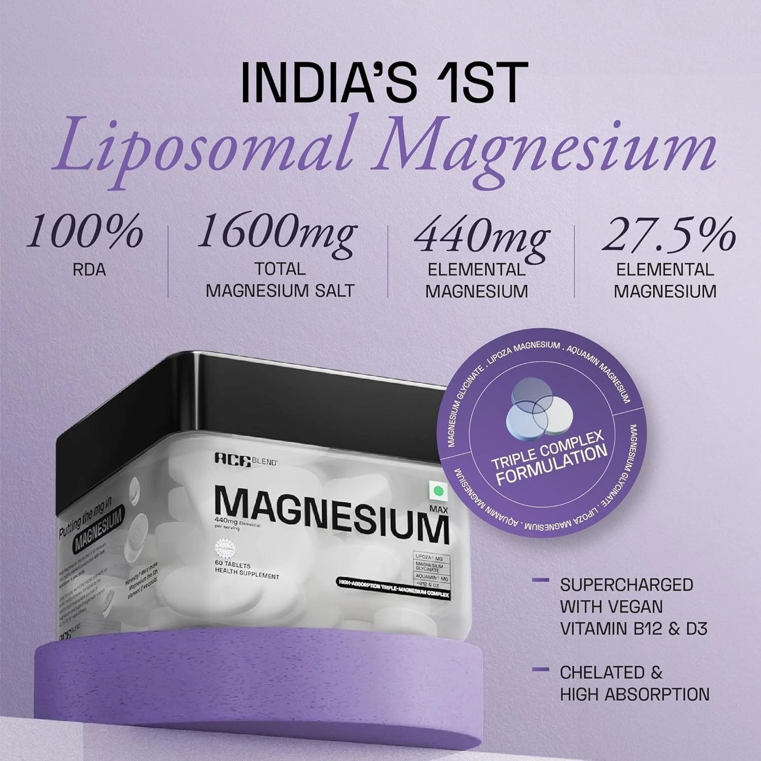 Ace Blend Max Magnesium Glycinate 1600mg Triple Complex 60 Vegan Tablets