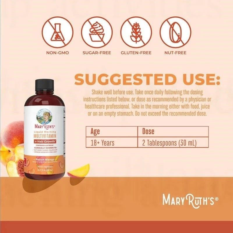 Mary Ruth’s Morning Multivitamin Hair Growth Solution 2 Pack Peach Mango 15.22OZ