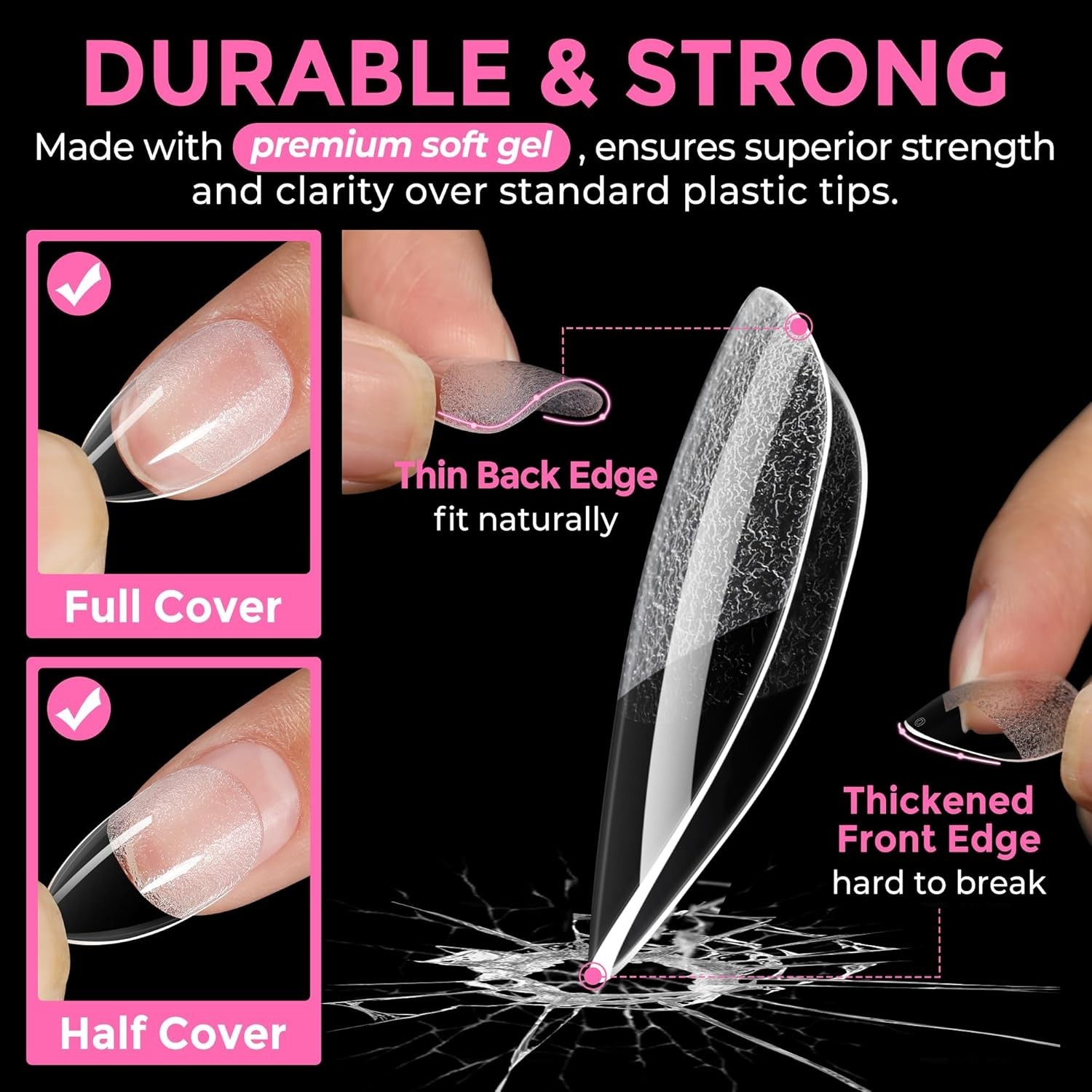 Easy Apply 216pcs Short Almond Acrylic Nails with Long Lasting Finish – 12 Sizes