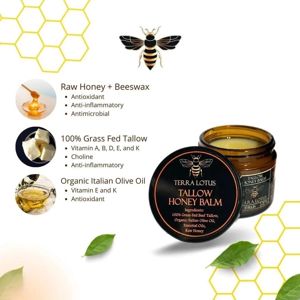 NEW! Terra Lotus ORGANIC Beef Tallow Balm Raw Honey Citrus Moisturizing Cream++