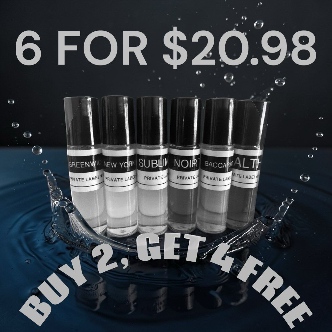 6 For $19.95 MEN Body Oil WOMEN Body Oil & UNISEX Body Oil Fragrances 10 ml