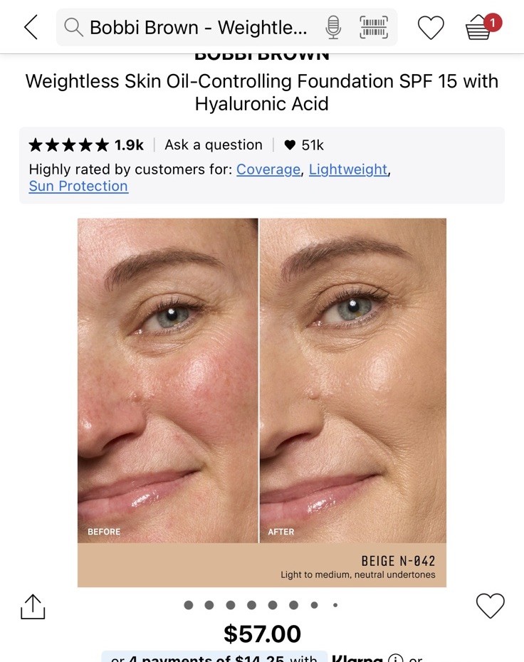 Bobbi Brown Weightless Skin Liquid Foundation SPF 15 N-042 Beige 1 oz