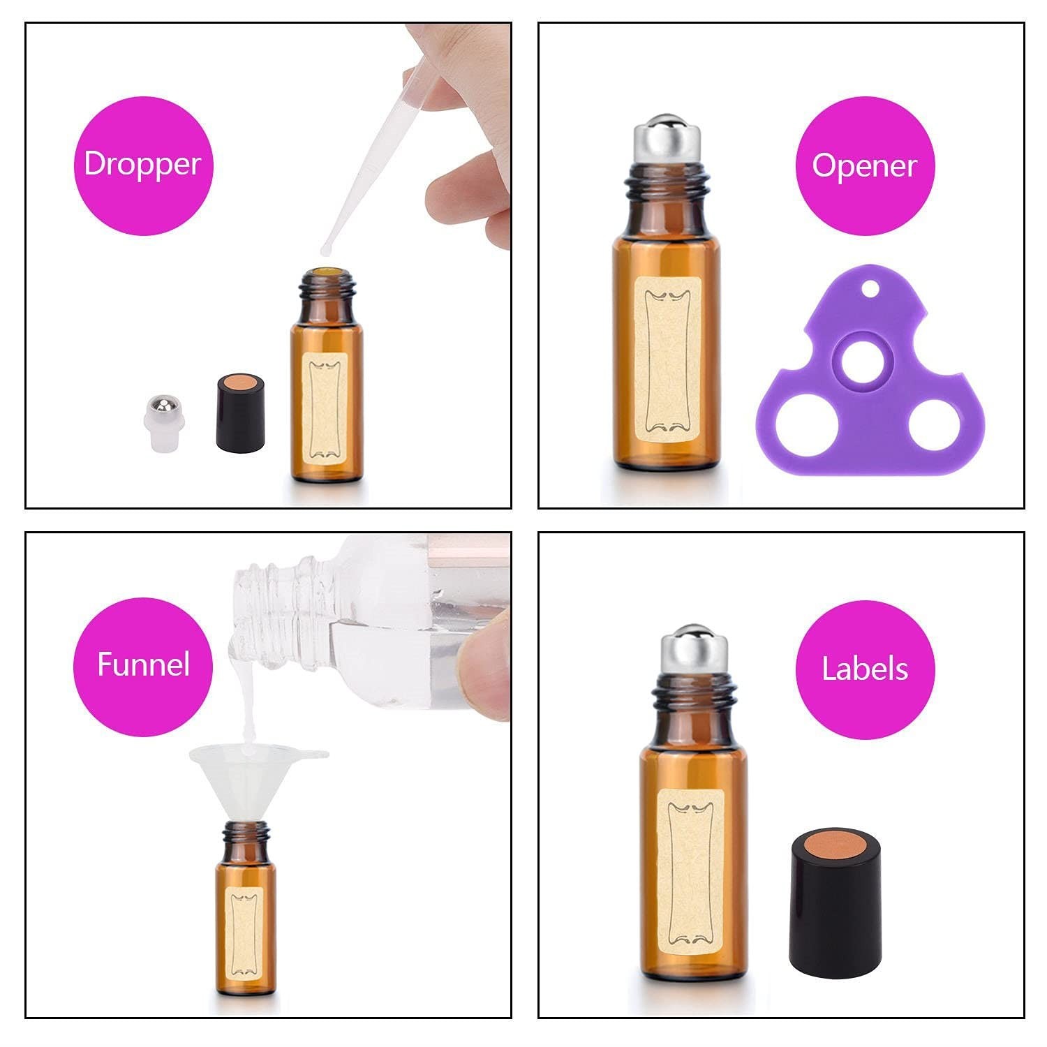 Complete Essential Oil Roller Bottle Kit – 24 Amber 5ml Bottles with Labels