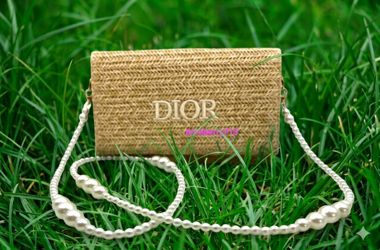 New! D ior Straw Beige Makeup Zipper Bag with Chain