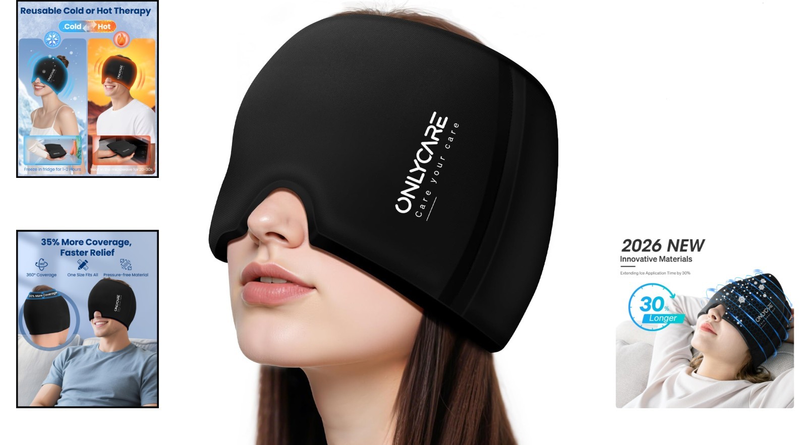 Sleek Black Odorless Migraine Relief Cap with Hot & Cold Therapy for Adults