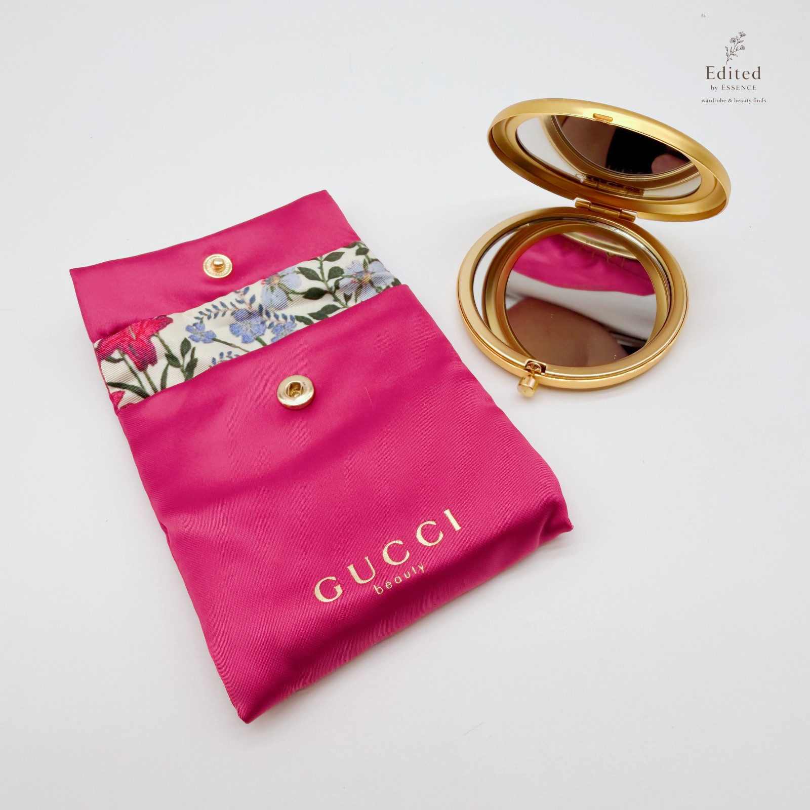 Gucci Beauty Floral Compact Mirror w/ Pink Satin Pouch Gold Tone 6cm