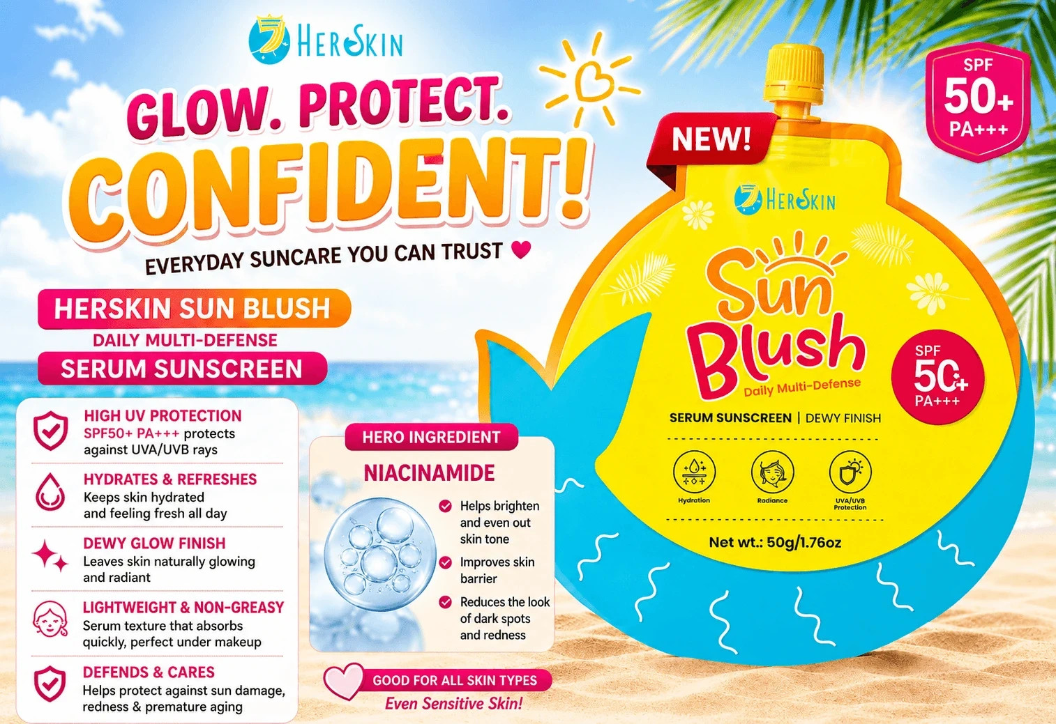 HERSKIN Sun Blush SPF50 PA+++ Daily UV Care Cream 50g Lightweight