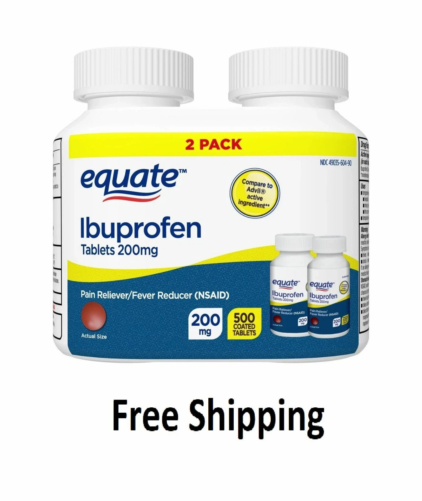 Equate Ibuprofen 200mg Tablets Bulk Pain Reliever 500 Count (2×250)
