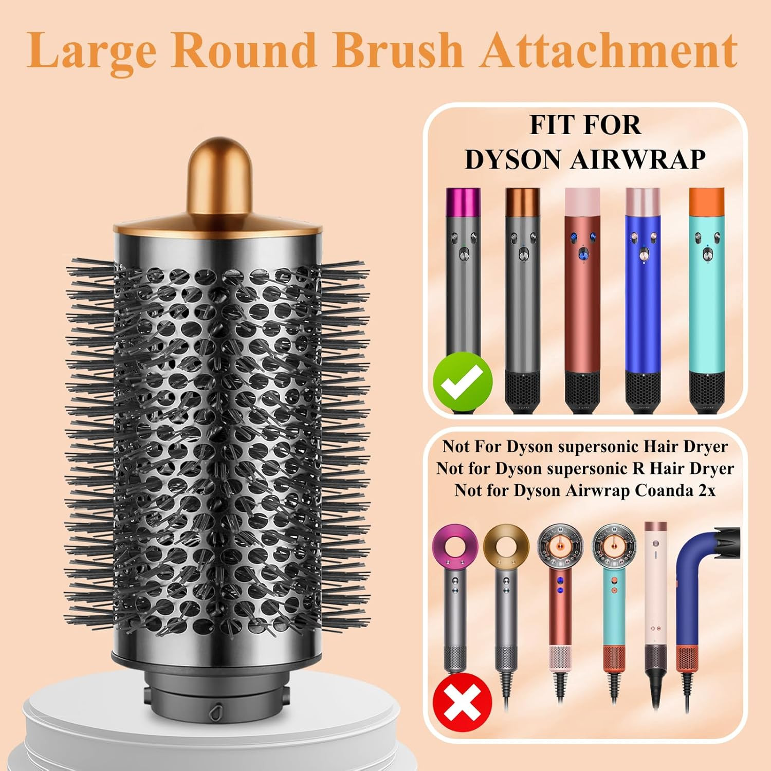 Large round Volumizing Brush for Dyson Airwrap Attachments, Nickel/Copper, Bigge