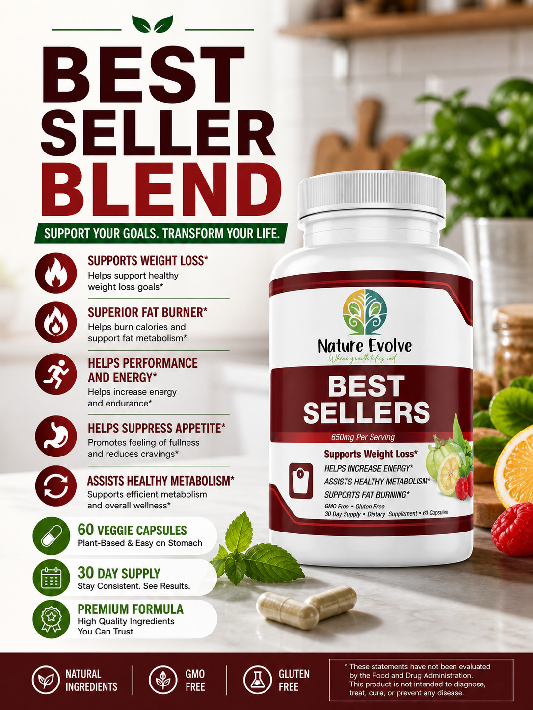 Nature Evolve Best Sellers Blend 60ct – Boost Metabolism, Weight Loss USA Made
