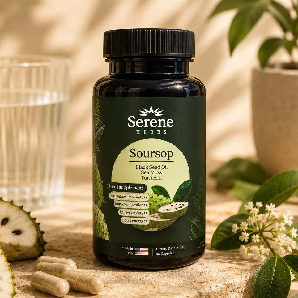 Serene Herbs Soursop Capsules w/ Black Seed Oil, Sea Moss & Turmeric 60ct