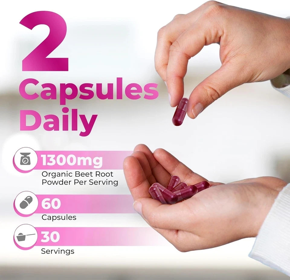3PCS-Rosabella Organic Beet Root 60 Capsules Natural Energy Boost Blood Pressure