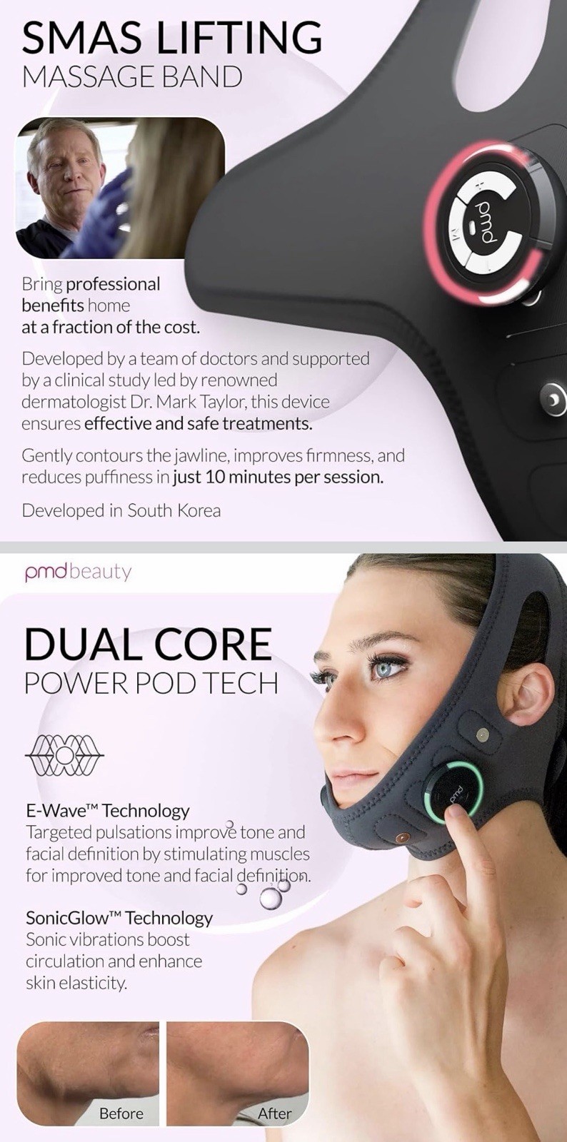PMD SMAS Hands-Free Rechargeable Vibrating Face/Neck Massage Band Black