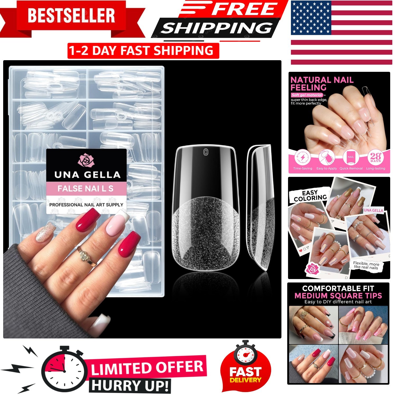 Medium Square Nail Tips: 216pcs Square Press on Nails Pre-shape Clear Nails T…