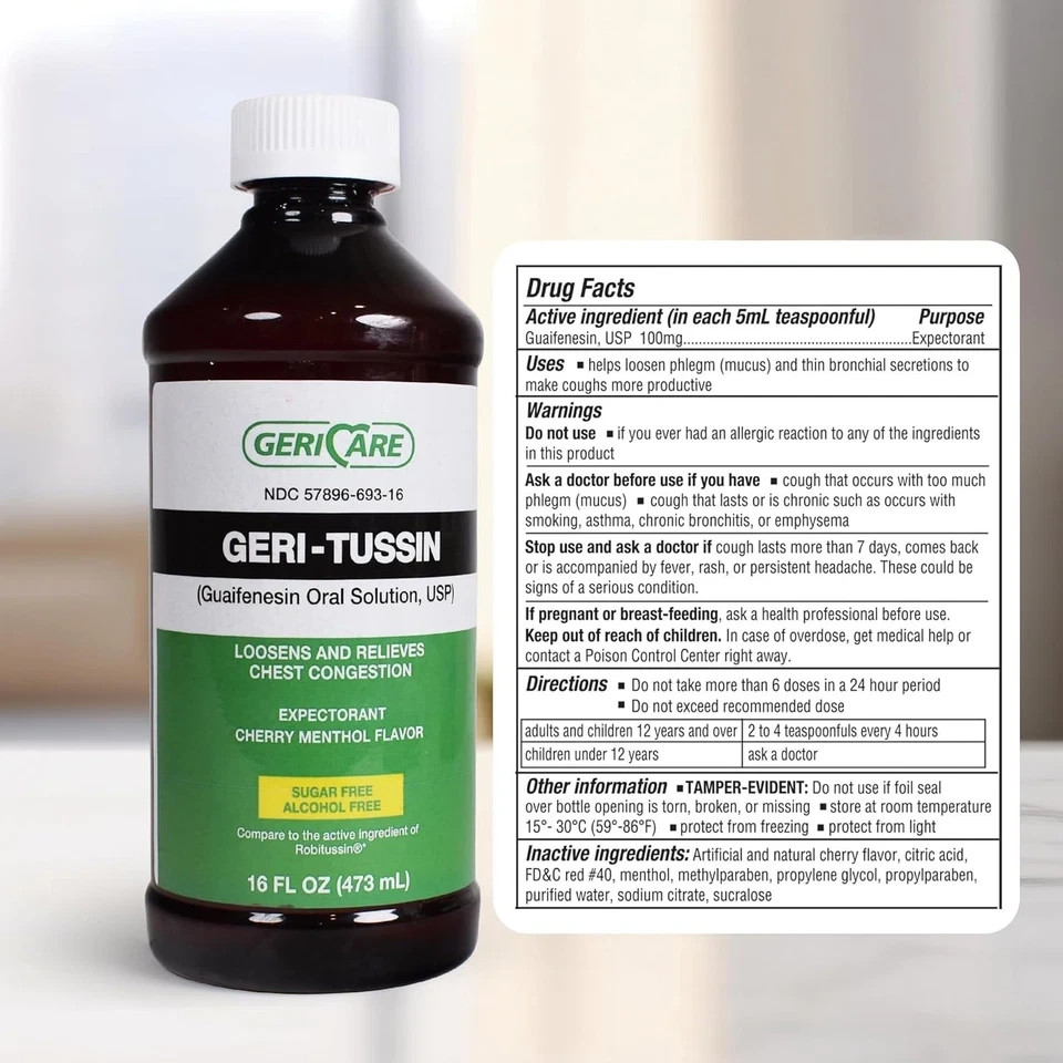 4 Pack Geri Care Geri Tussin Guaifenesin Expectorant Syrup 100 mg 16 Oz Each