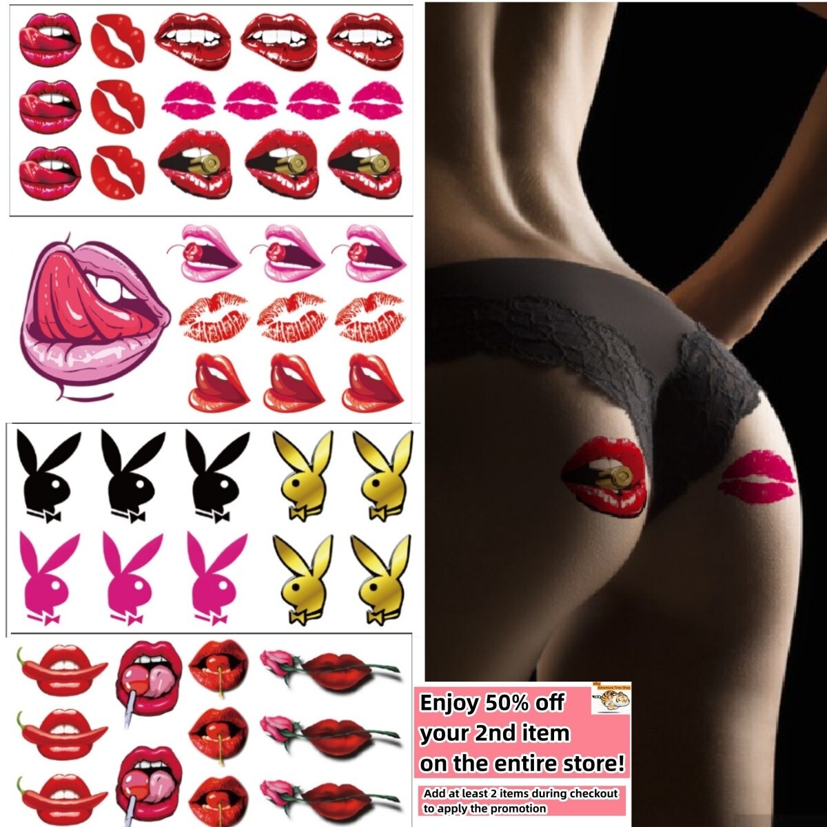 4 Sheets /Set Sexy Naughty Temporary Tattoo Stickers Adult Body Art Lips Kiss