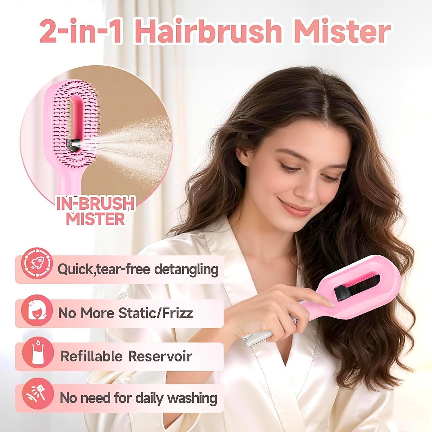2 in 1 Hair Brush with Water Spray Bottle Detangling Styling Brush Portable