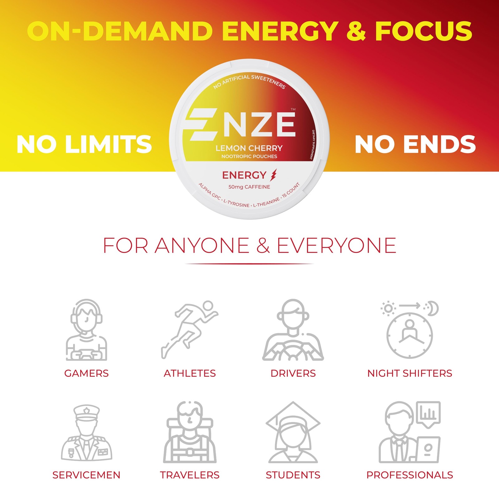 NZE Caffeine Nootropic Pouches Lemon Cherry Energy Pouches with 50mg Caffein…