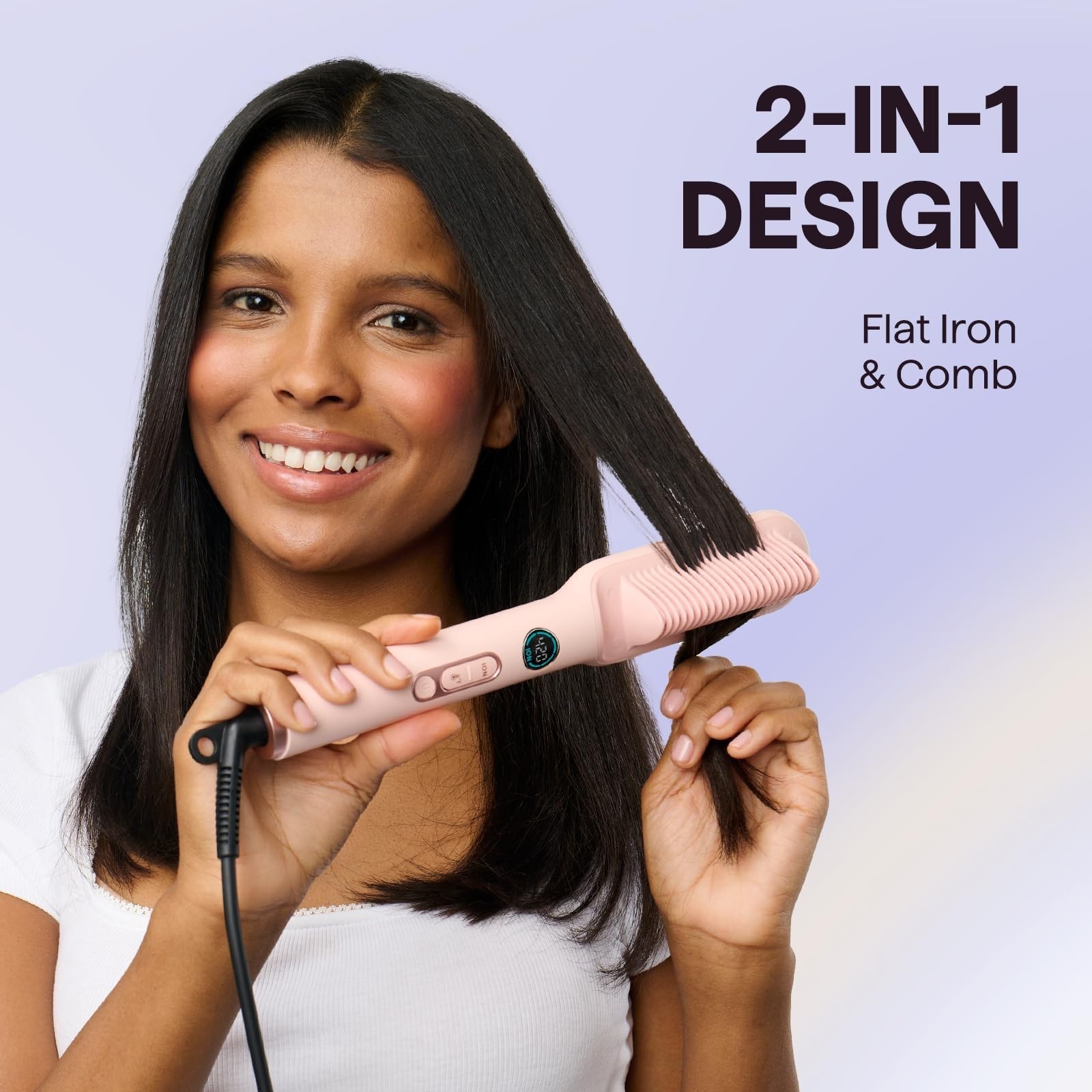 Ionic Hair Straightener Brush, Anti-Scald Ceramic Comb, LED Display, Dual Voltag