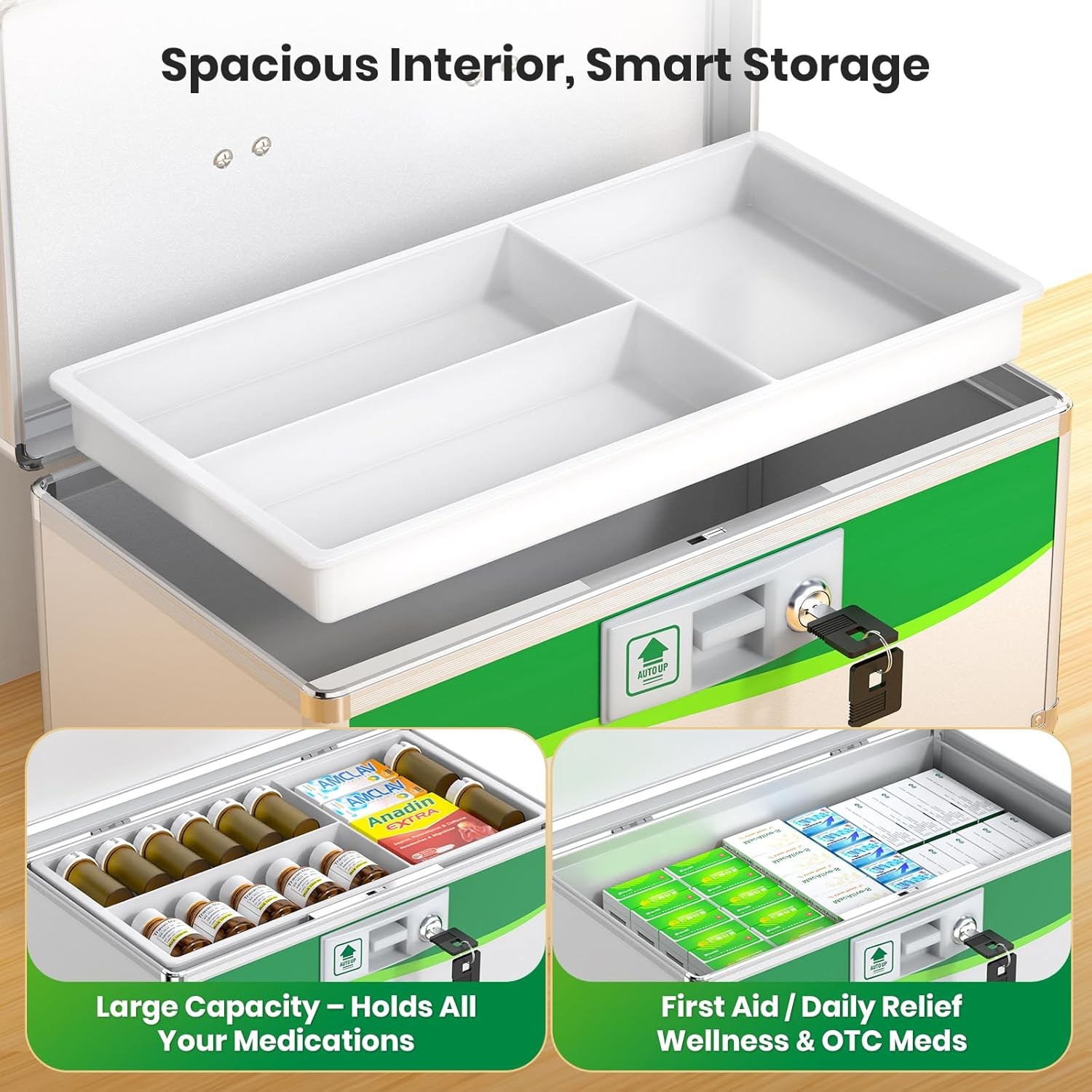 Medicine Lock Box, First Aid Safe Medication Storage Box, Layered Aluminum