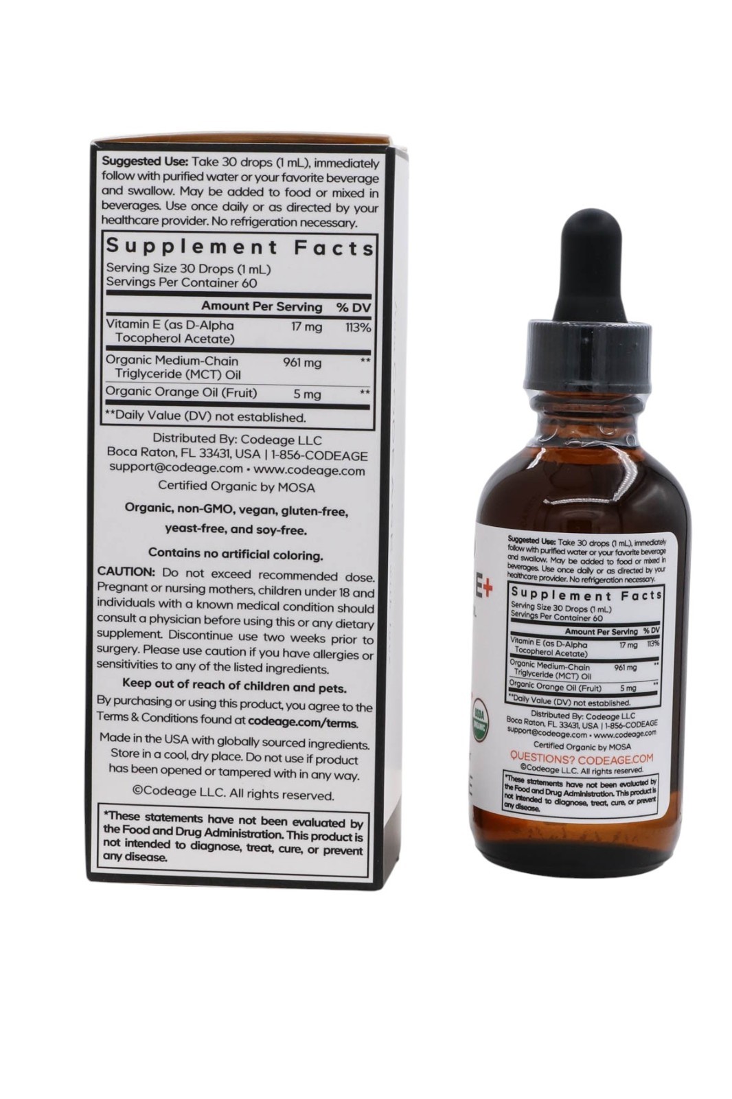Codeage Liquid Vitamin E+ USDA Organic Vitamin E MCT Oil Unflavored 2 fl oz NIB