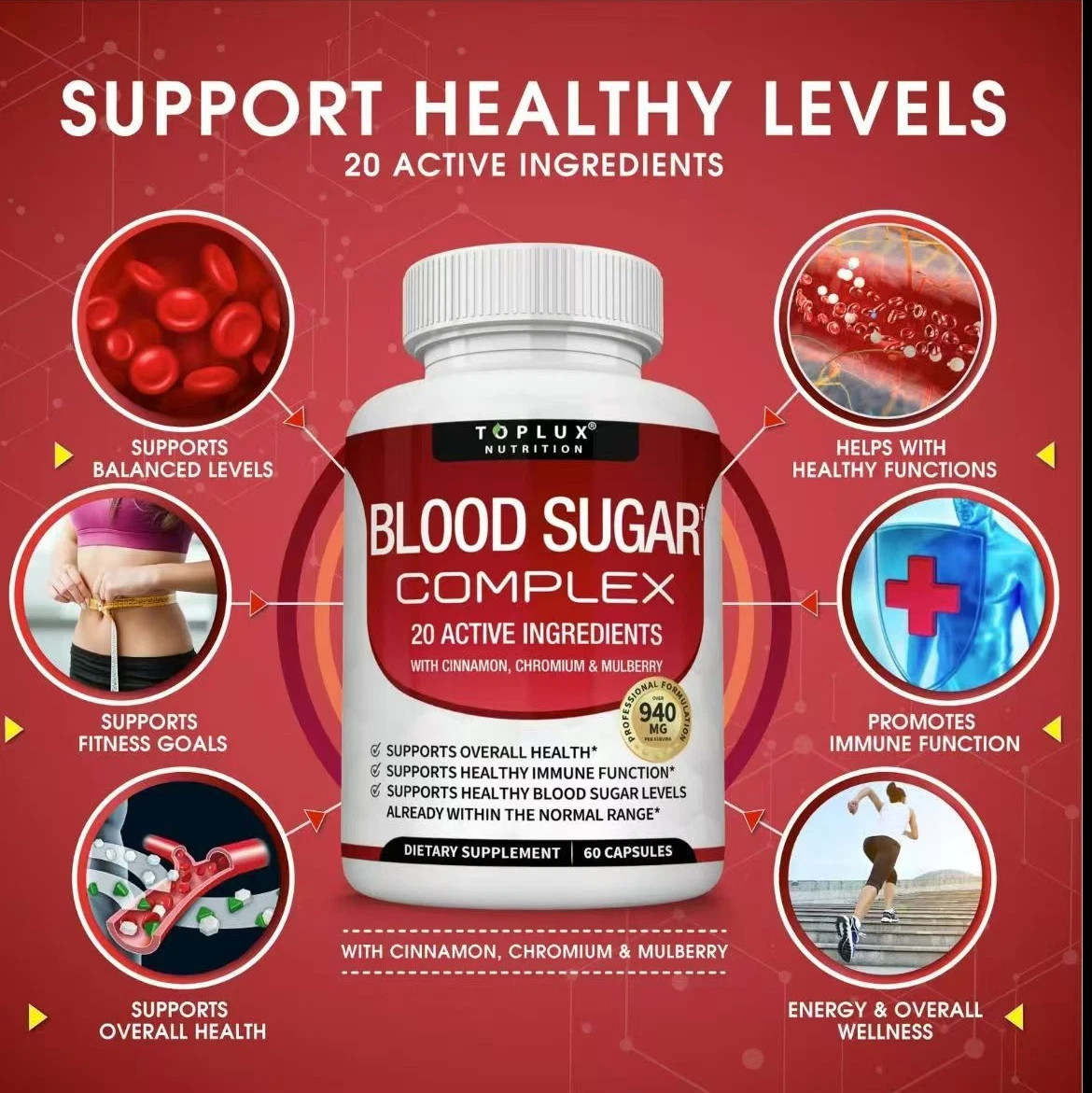 Blood Sugar Complex Supplement Supports Healthy Glucose Levels with Cinnamon, Ch