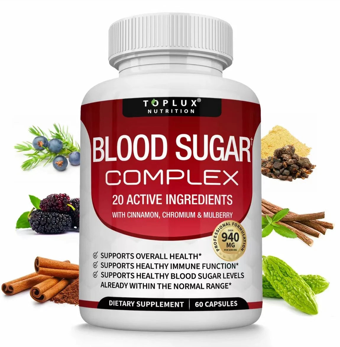 Blood Sugar Complex Supplement Supports Healthy Glucose Levels with Cinnamon, Ch