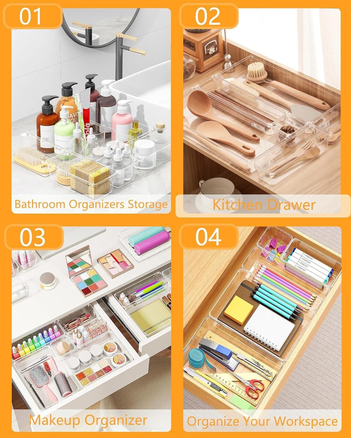 25 Pcs Makeup Drawer Organizer Set, 4 Sizes Versatile Bathroom and Vanity