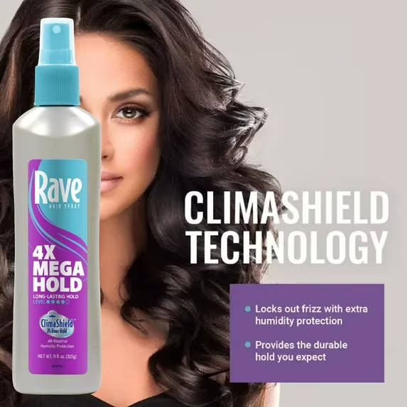 (4 pack) Rave 4X Mega Hold Non-Aerosol Hair Spray, All-Weather Protection with V