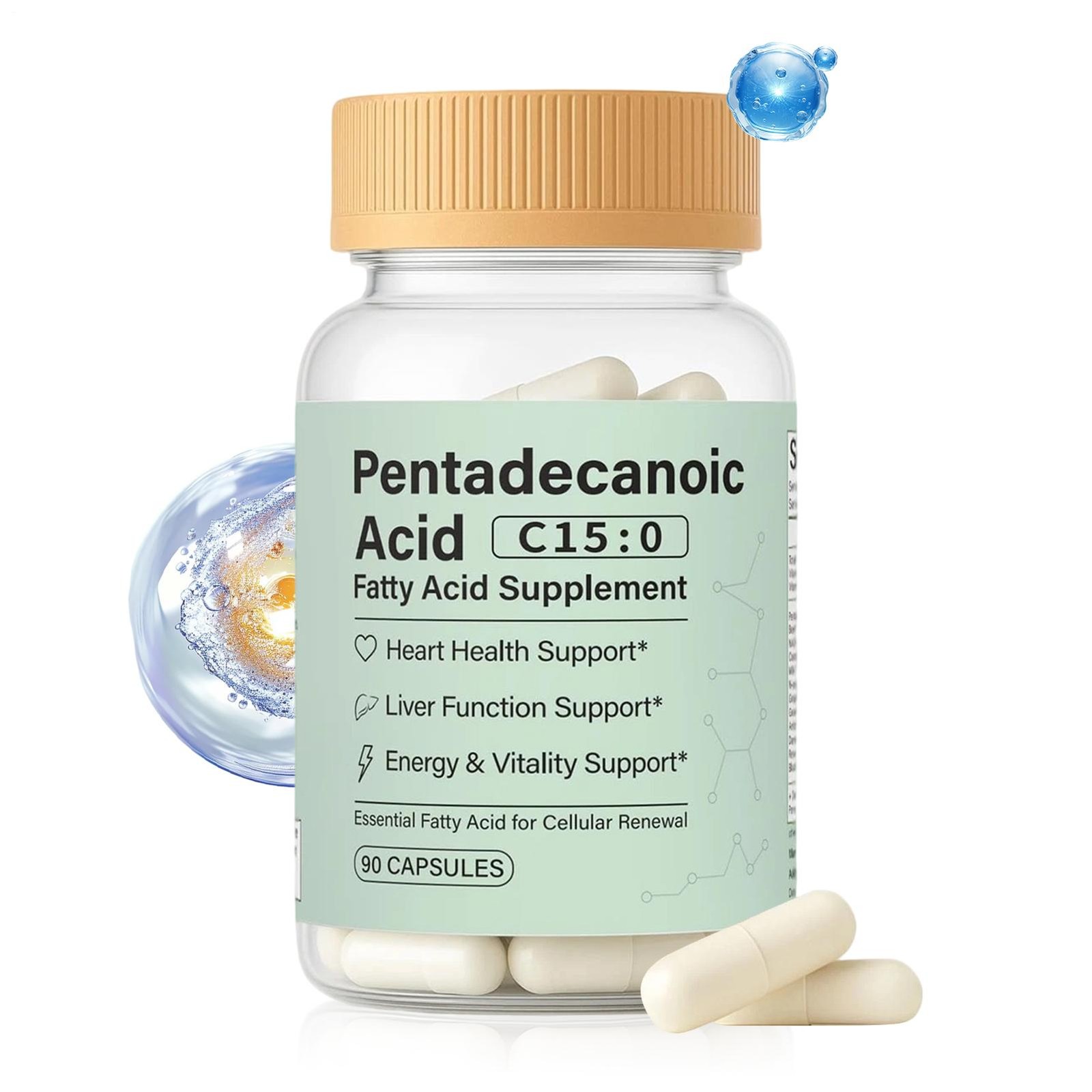C15:0 Fatty Acid Supplement, 90 Pentadecanoic Acid Capsules, Pure Plant-Based Es
