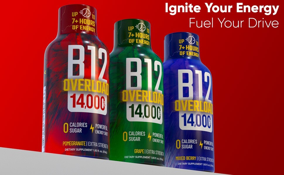 (48 Pack) GAQ B12 Overload Energy Shots, Pomegranate, Up to 7+ Hours of Energy
