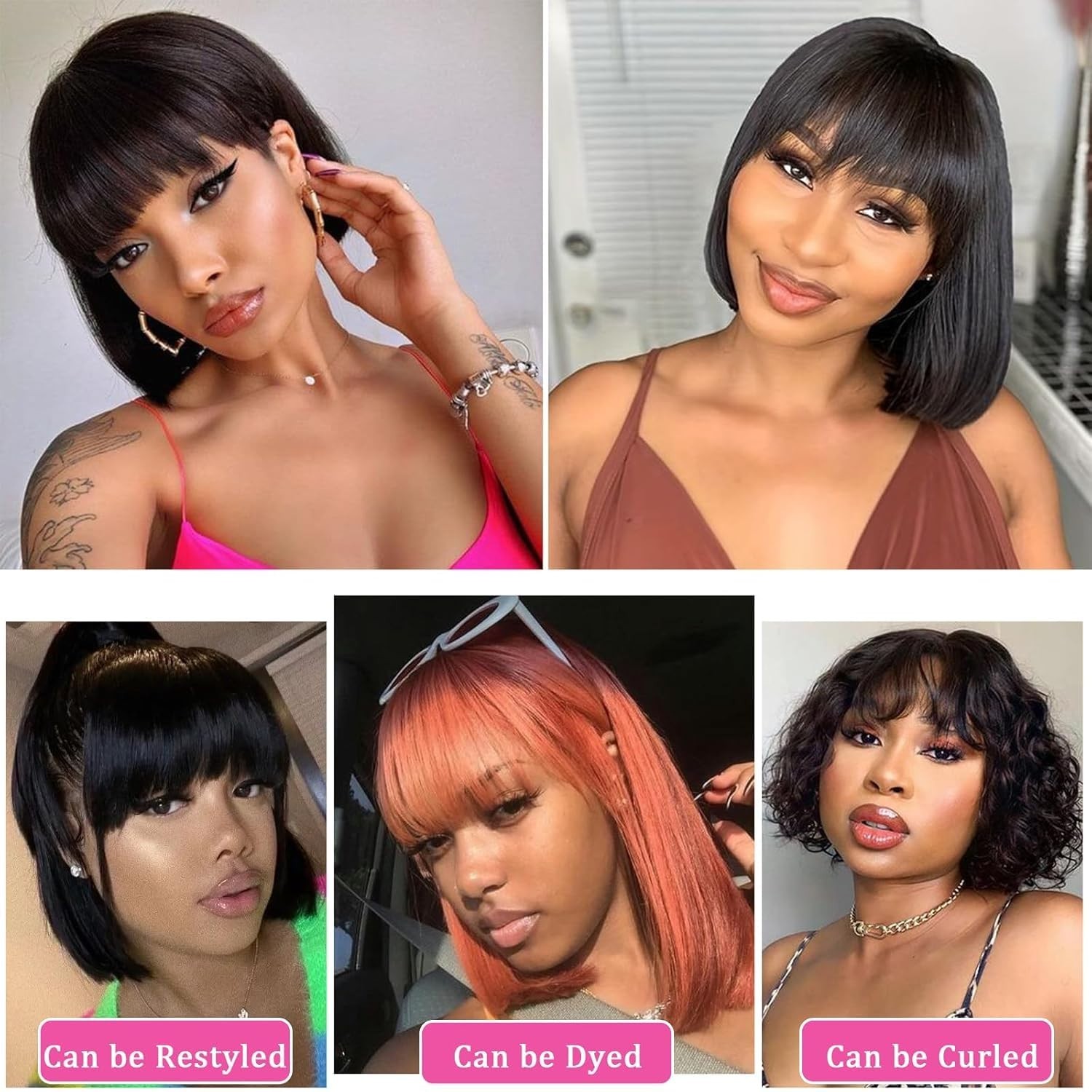Short Bob Human Hair Wig with Bangs None Lace Front Wigs Brazilian Straight Hair