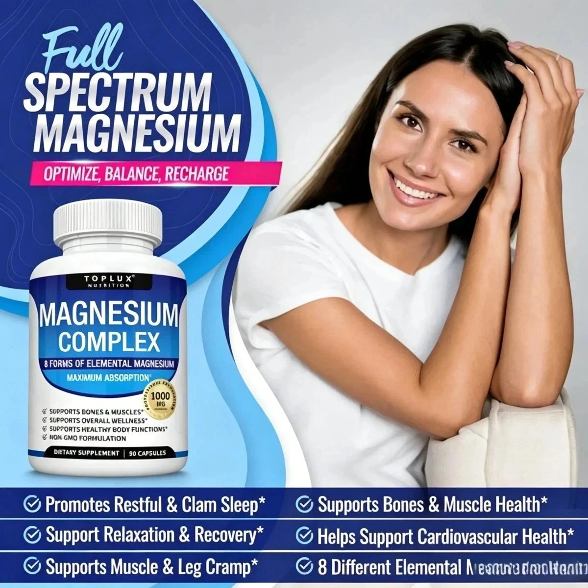 Magnesium Complex 1000mg 7 Types | Sleep Muscle Bone Promote 90 Caps TopLux