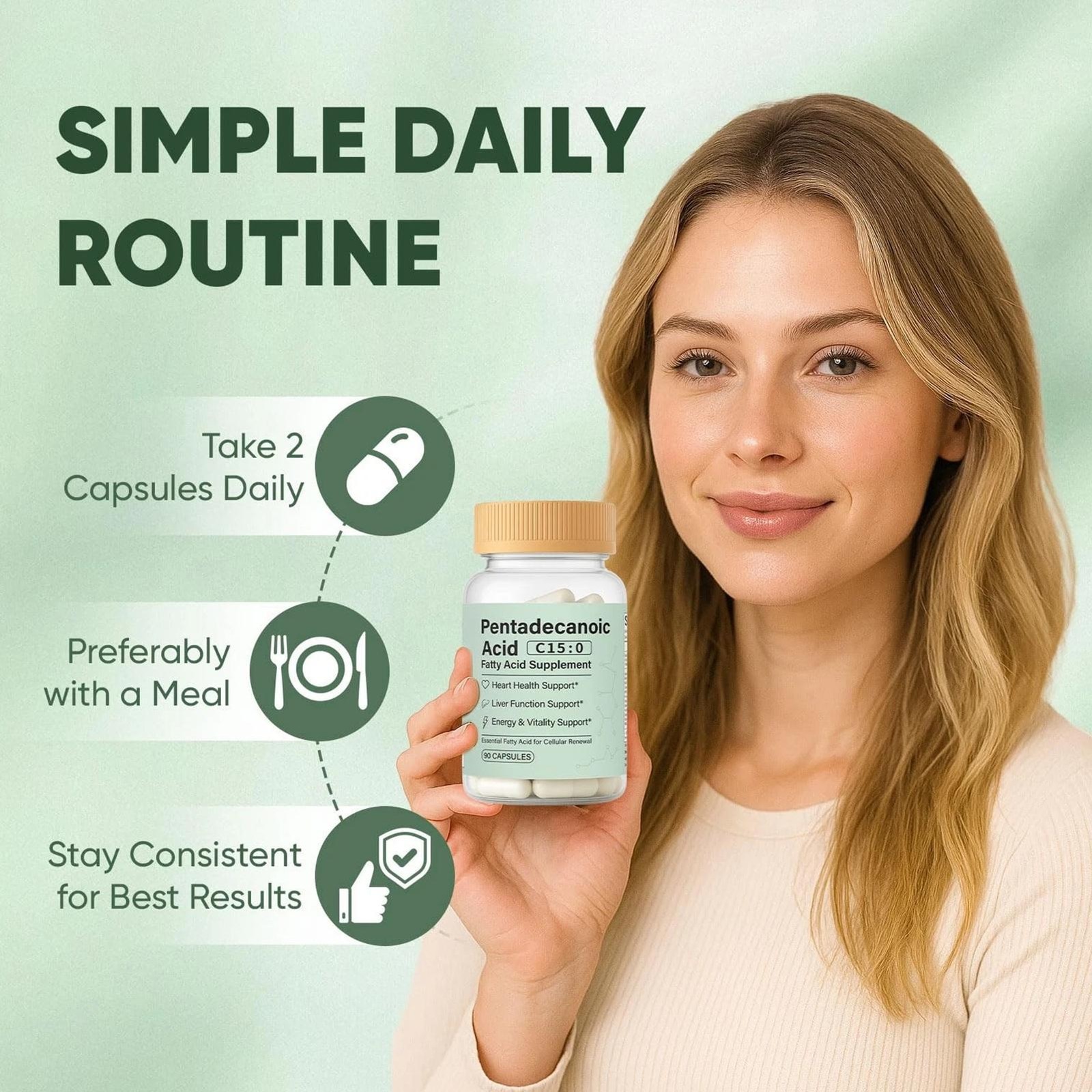C15:0 Fatty Acid Supplement, 90 Pentadecanoic Acid Capsules, Pure Plant-Based Es