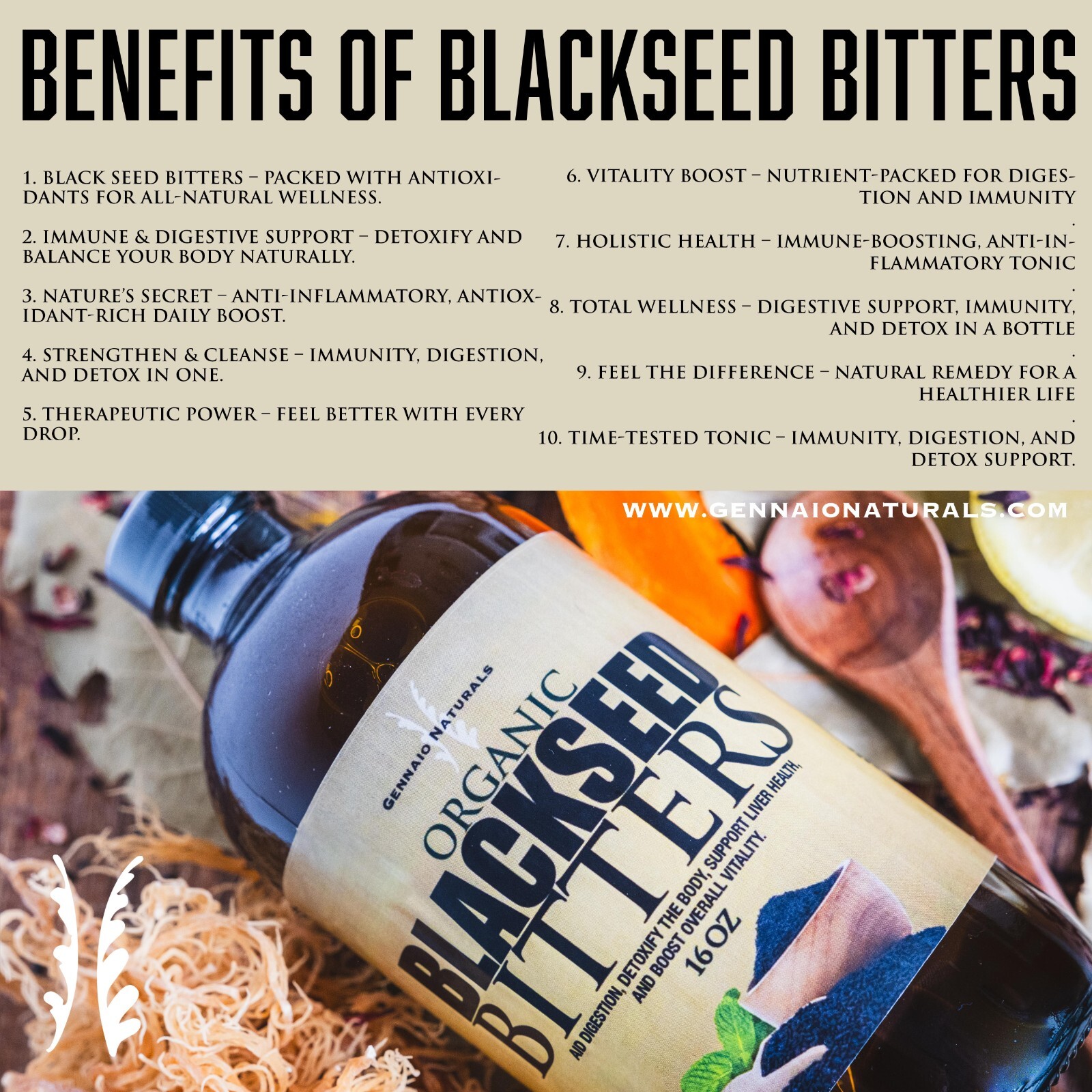 Black Seed Living Bitters 100% Natural 16ozOrganic Herbal Blend for Immune Boost