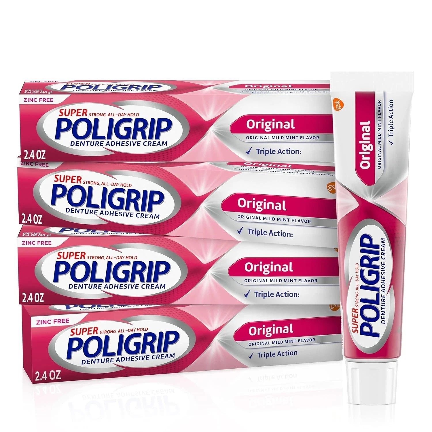 Super Poligrip Zinc Free Denture and Partials Adhesive Cream, 2.4 ounce, 4 Pack