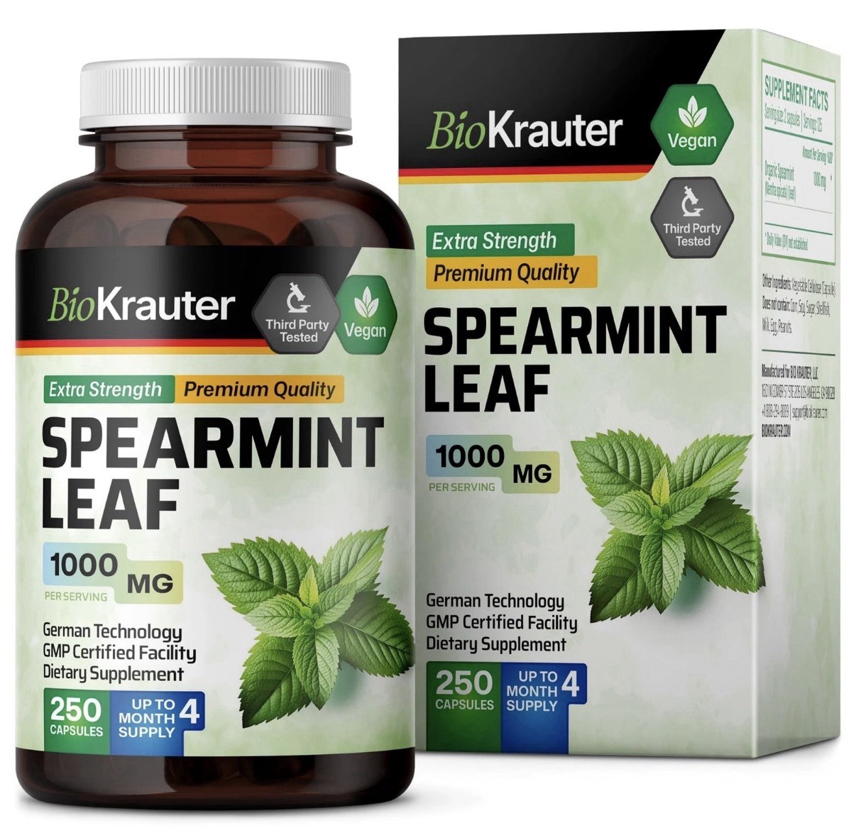 BioKrauter Spearmint Leaf 1000mg Vegan Capsules 250 ct GMO Free No Fillers