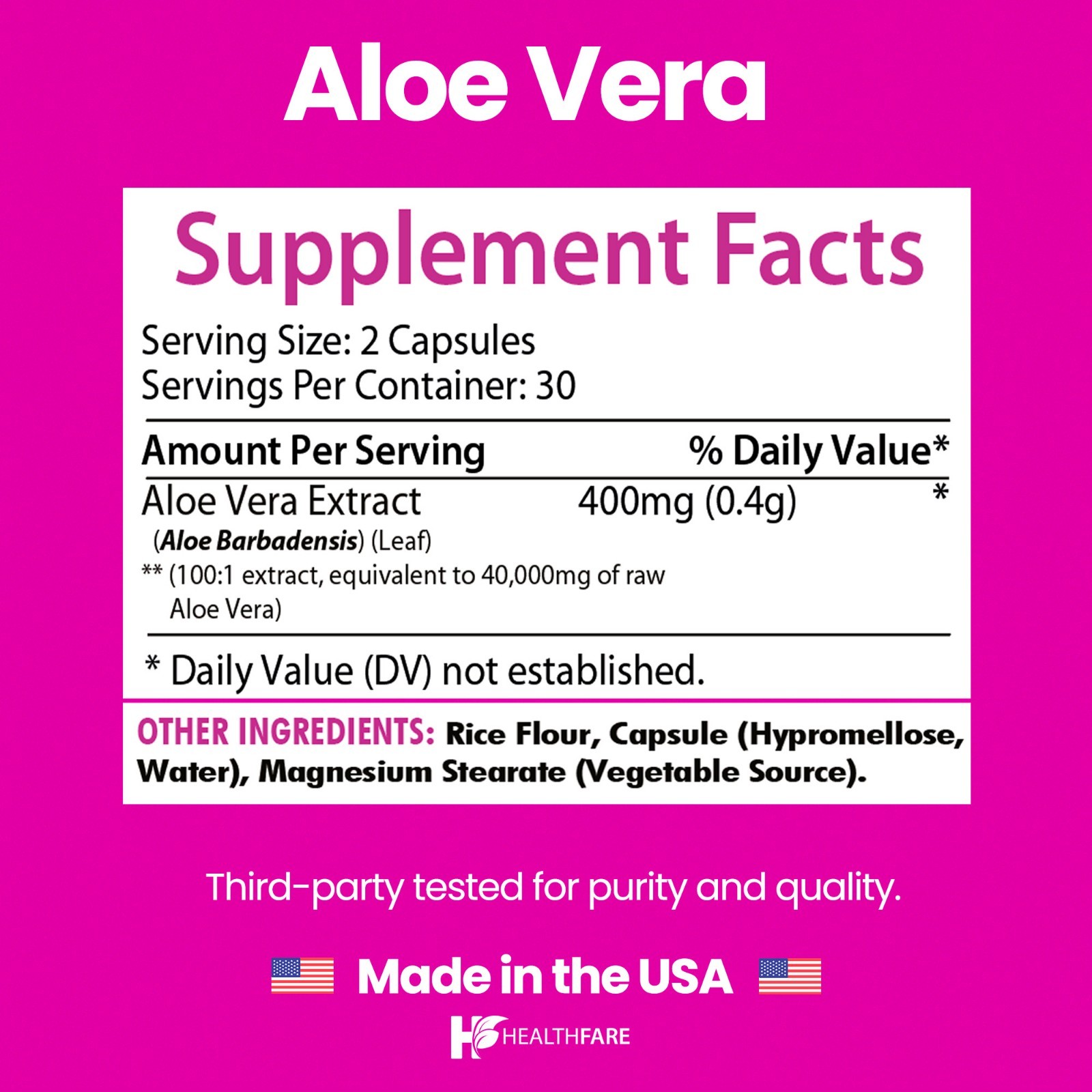 Healthfare Aloe Vera 40,000mg 60 Capsules Digestive Support Non-GMO Made in USA