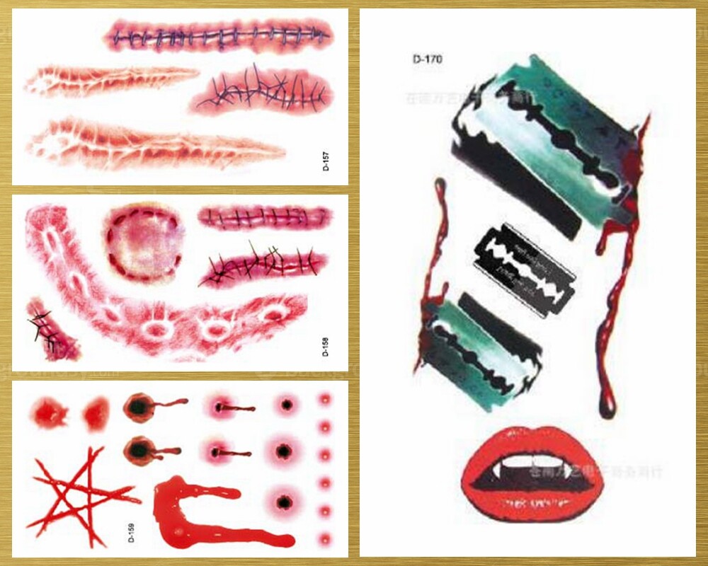 1 Set (4pcs) Halloween Blood Body Scab Scar Tattoos Temporary Waterproof Sticker