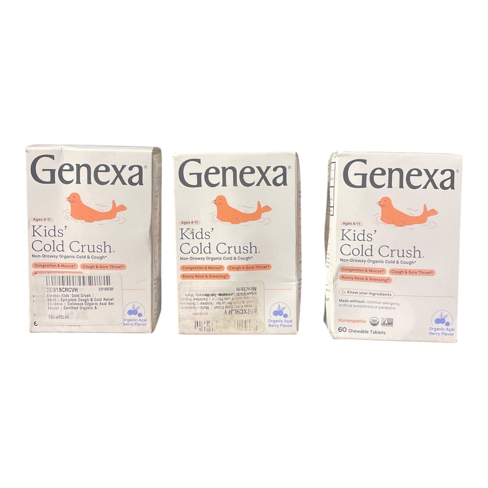 Genexa Kids Cold Crush Chewable Tablets Organic Acai Berry 60 Count 3 Pack