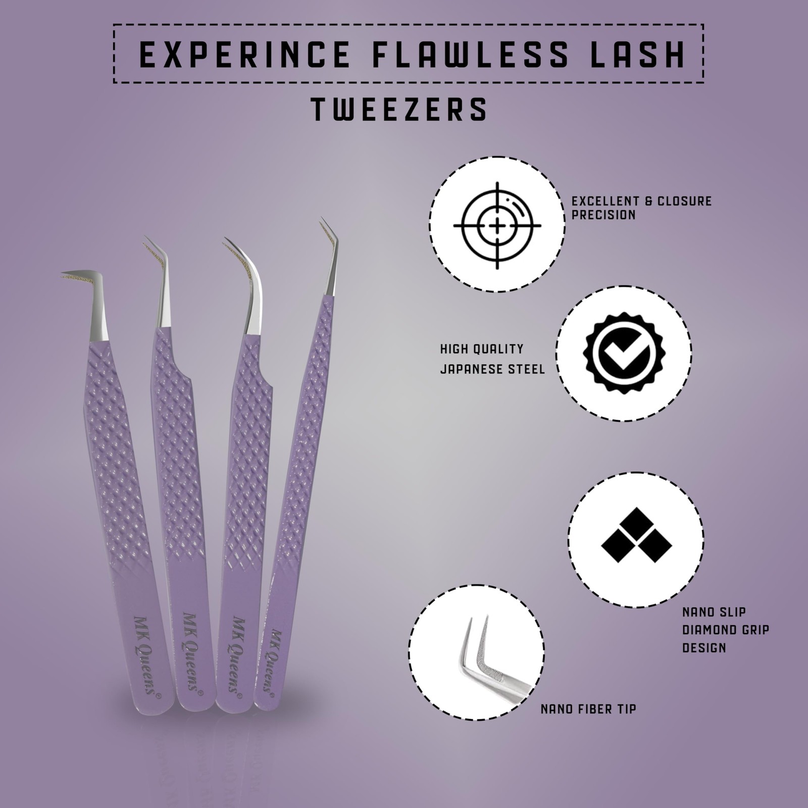 Mk Queens Lash Tweezers – Stainless Steel Fiber Tip Eyelash Tweezers Set Of 4 –