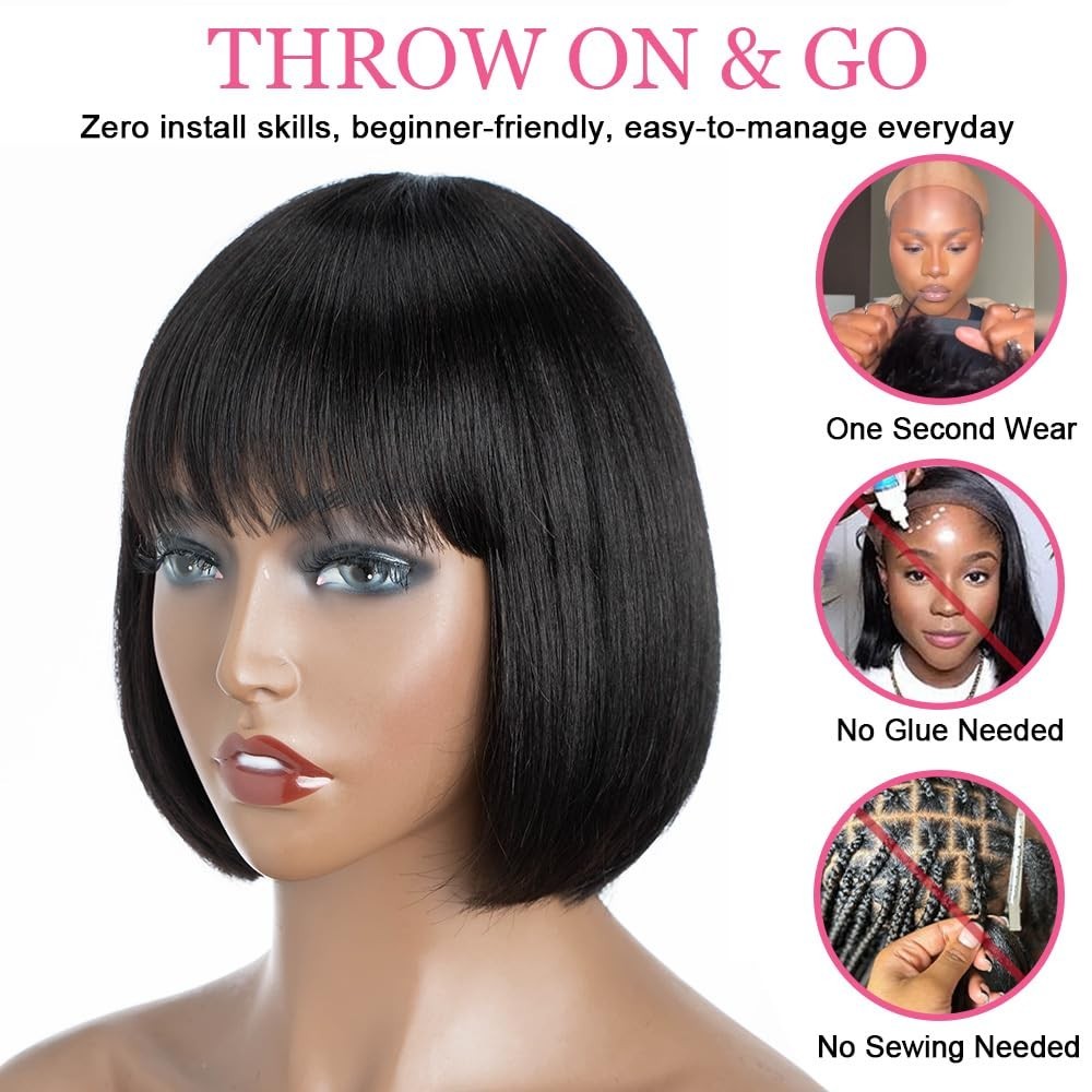 Short Bob Human Hair Wig with Bangs None Lace Front Wigs Brazilian Straight Hair