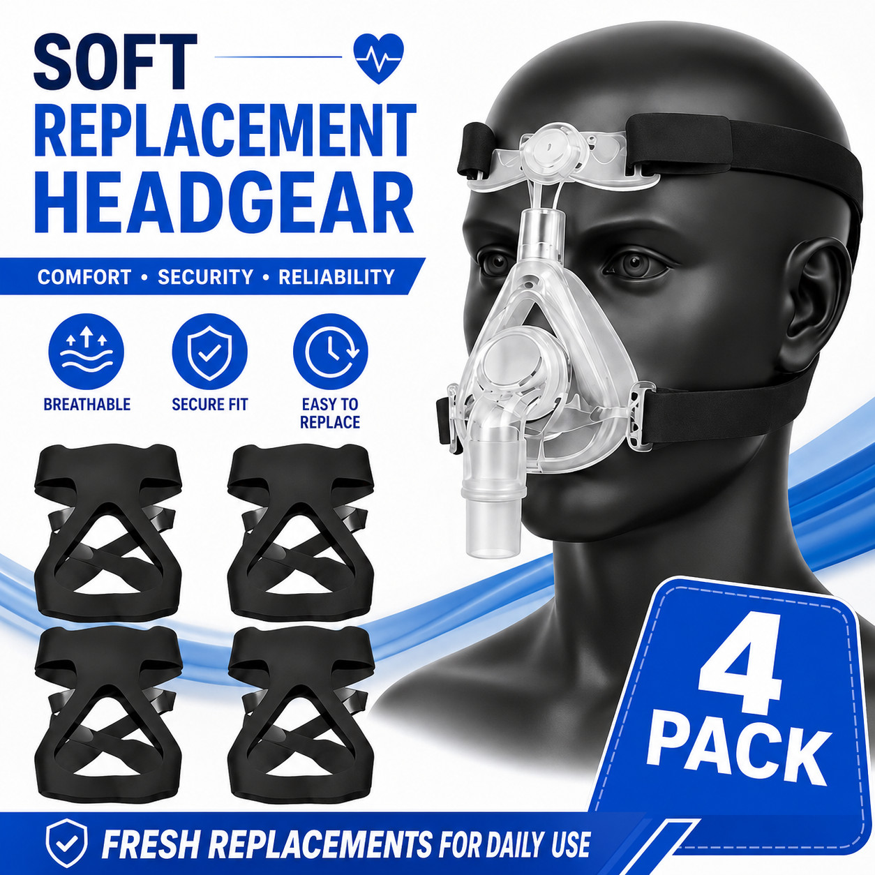 4 Pack CPAP Headgear Strap Replacement Soft Stretch Daily Backup Set