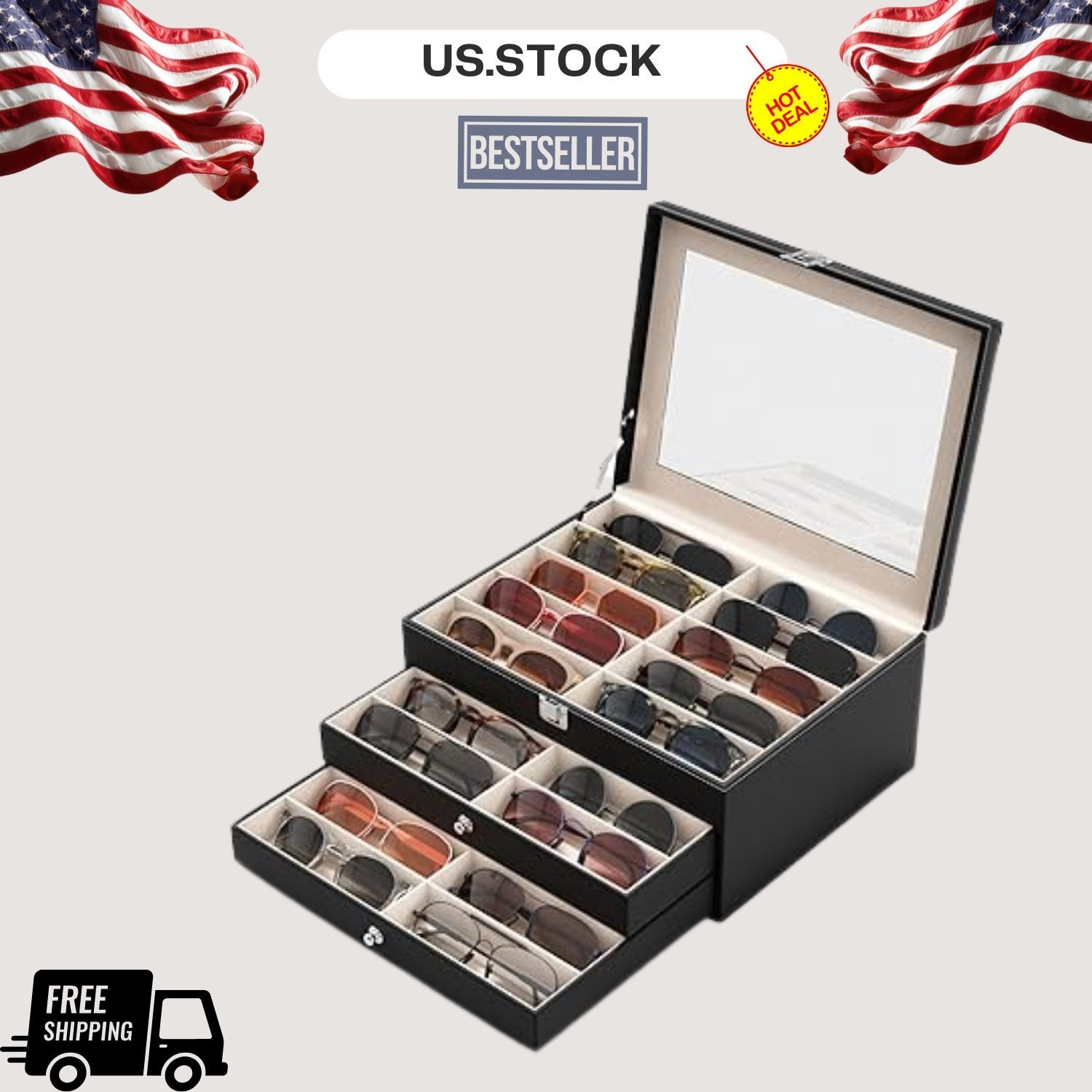 NEW 10/30-Slot Sunglass Organizer See-Through Display Box for Multiple Pairs