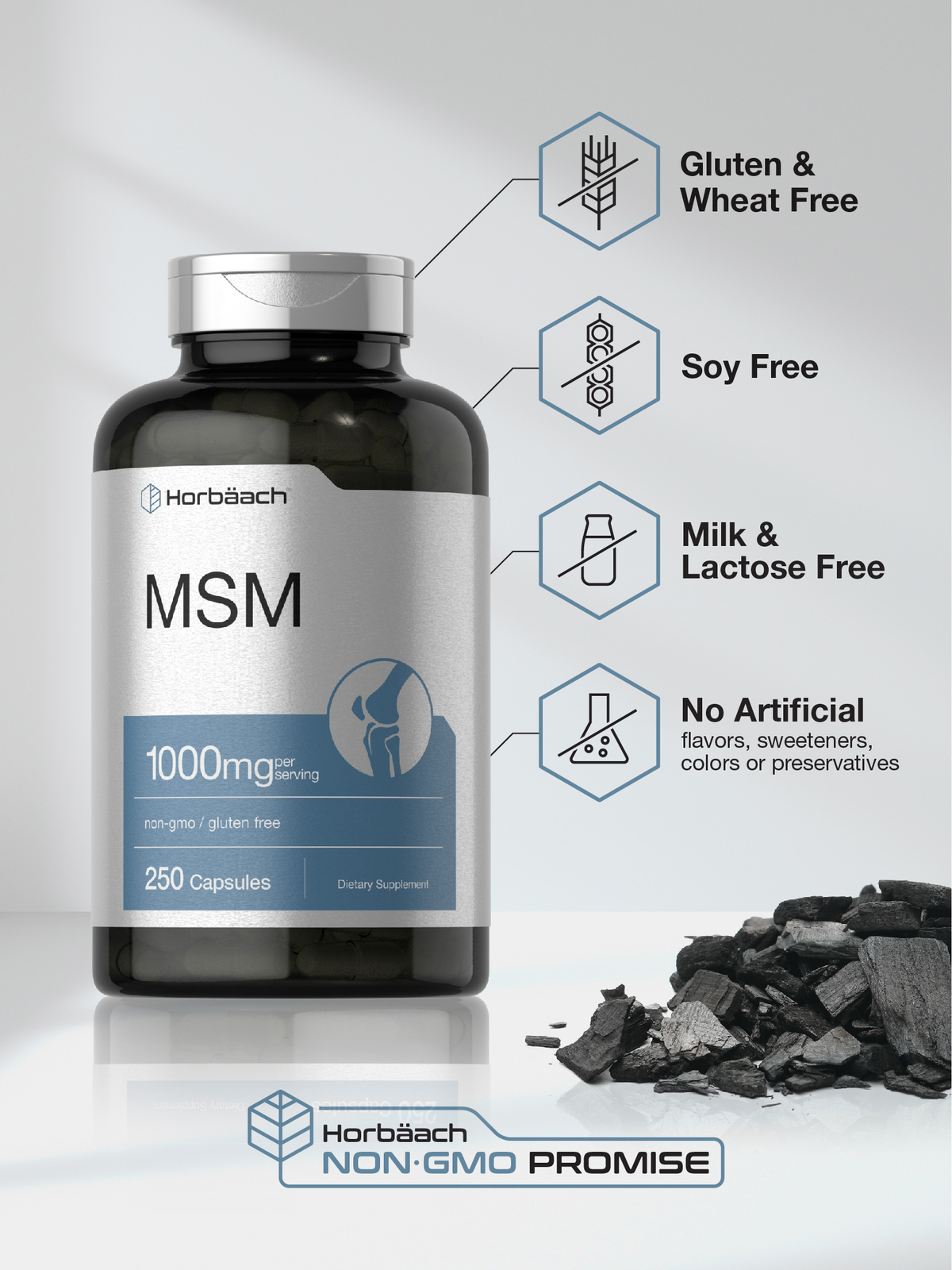 MSM Supplement | 1000mg | 250 Capsules | Non-GMO, Gluten Free | by Horbaach
